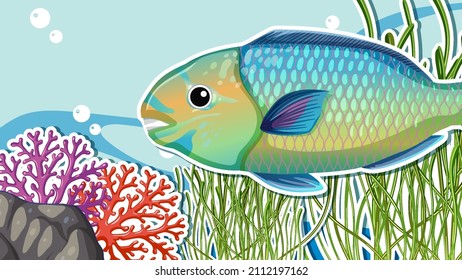 Thumbnail design with parrot fish in the sea illustration