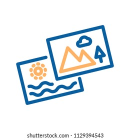 Thumbnail icon. Set of two photos. Thin line icon for missing thumbnail or vacation memories. Vector illustration with photos from nature, mountain and beach	