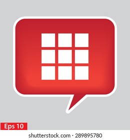 Thumbnails grid icon. Gallery view option symbol. Red glossy button.