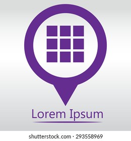 Thumbnails grid icon. Gallery view option symbol. icon map pin.