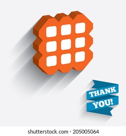 Thumbnails grid sign icon. Gallery view option symbol. White icon on orange 3D piece of wall. Carved in stone with long flat shadow. Vector