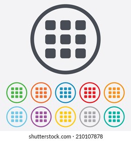 Thumbnails grid sign icon. Gallery view option symbol. Round circle buttons with frame. Vector