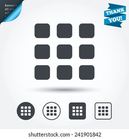 Thumbnails grid sign icon. Gallery view option symbol. Circle and square buttons. Flat design set. Thank you ribbon. Vector