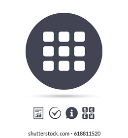 Thumbnails grid sign icon. Gallery view option symbol. Report document, information and check tick icons. Currency exchange. Vector