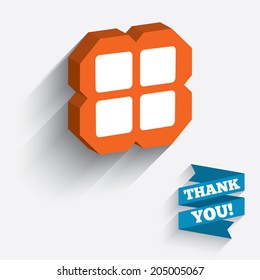 Thumbnails sign icon. Gallery view option symbol. White icon on orange 3D piece of wall. Carved in stone with long flat shadow. Vector