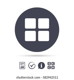 Thumbnails sign icon. Gallery view option symbol. Report document, information and check tick icons. Currency exchange. Vector