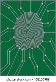 Thumbprint with Circuit Board for authentication identification black and white vector  illustration