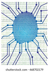 Thumbprint with Circuit Board Computer Binary Code for authentication identification color vector illustration