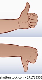 Thumbs up for agreement, and thumbs down for disagreement. Vector illustration over white.