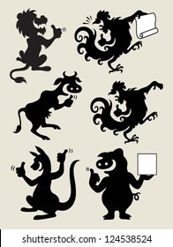 Thumbs up animals silhouette 2. Cute cartoon animals shadow : lion, rooster, cow, kangaroo, and pig