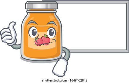 Thumbs up of apple jam cartoon design having a board