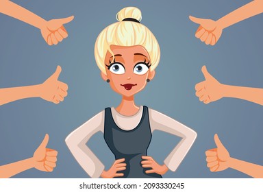 
Thumbs Up of Appreciation for Young Successful Woman Vector Cartoon. Confident internet personality feeling validated by likes on social media
