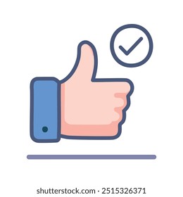 Thumbs up approval. Thumbs up icon with checkmark, signifying agreement, acceptance, confirmation, and positive feedback.