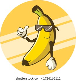 Thumbs Up Banana with Eyeglasses Mascot. Cartoon style and have a retro style for shadow.