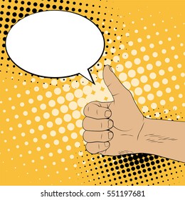 Thumbs up and blank speech bubble. The illustration in pop art style. Halftone background. Vector