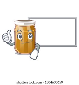 Thumbs up with board almond butter in a character jar