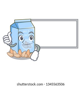 Thumbs up with board almond milk in the character glass