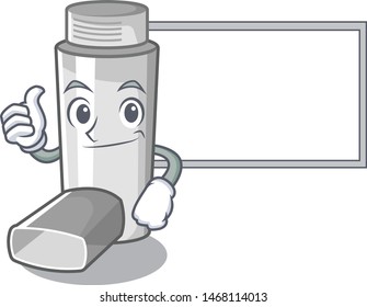 Thumbs up with board asthma inhaler in the cartoon shape