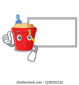 Thumbs up with board beach bucket shape with sand cartoon