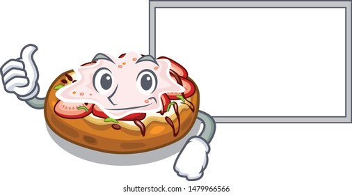 Thumbs up with board bruschetta served above the mascot board