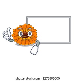 Thumbs up with board calendula flowers in the cartoon pots