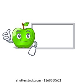 Thumbs up with board cartoon of big shiny green apple