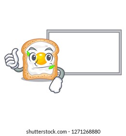 Thumbs up with board cartoon eggs sandwich in for breakfast
