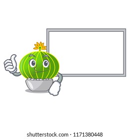 Thumbs up with board cartoon notocactus beautiful on the rocks