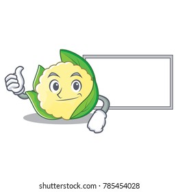 Thumbs up with board cauliflower character cartoon style Thumbs up with board cauliflower character cartoon style