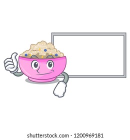 Thumbs up with board character a bowl of oatmeal porridge