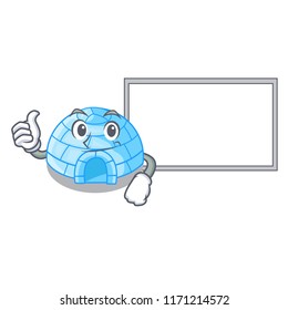 Thumbs up with board character cartoon ice house in snowfield