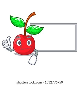 Thumbs up with board cherry fruit in a mascot basket