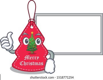Thumbs up with board christmas tag hanging isolated with cartoon