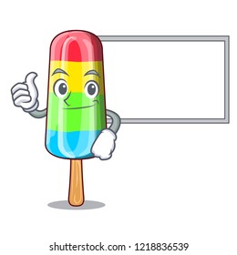 Thumbs up with board colorful ice cream sticks on cartoon