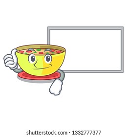 Thumbs up with board corn chowder in a cartoon bowl
