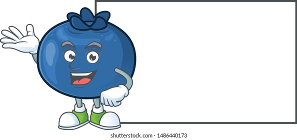 Thumbs up with board cute and fresh blueberry fruit character cartoon.