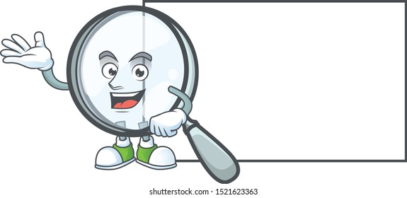 Thumbs up with board design magnifying glass cartoon character style.