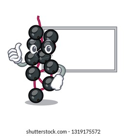 Thumbs up with board elderberry fruit above wooden table cartoon