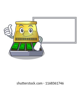 Thumbs up with board electronic cash register isolated on a cartoon