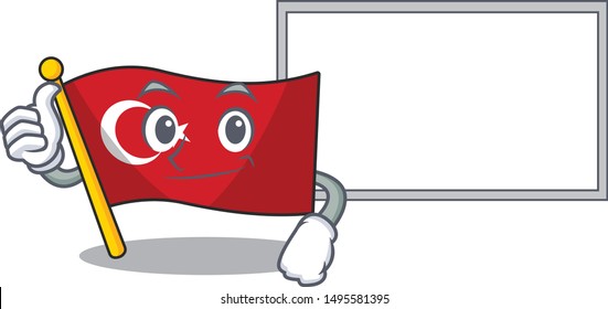 Thumbs up with board flag turkey character on shaped cartoon