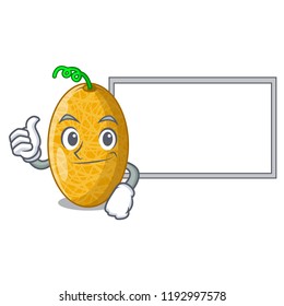 Thumbs up with board fresh honeydew melon on cartoon table