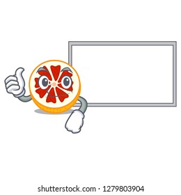 Thumbs up with board grapefruit in a cartoon fruit basket