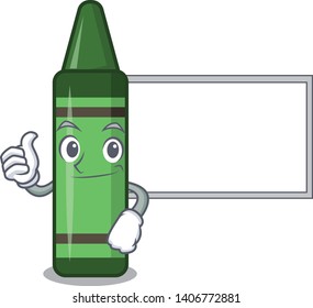 Thumbs up with board green crayon above character wooden table