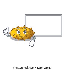 Thumbs up with board kiwano fruits on the cartoon table