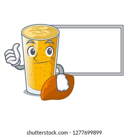 Thumbs up with board lassi mango in a cartoon glass