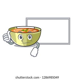 Thumbs up with board lentil soup in a mascot bowl