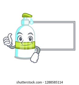 Thumbs up with board liquid soap in the character bottles