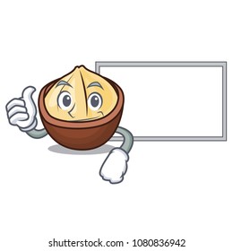 Thumbs up with board macadamia character cartoon style