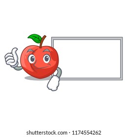 Thumbs up with board nectarine with leaf isolated on cartoon