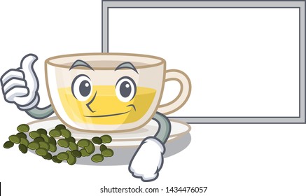 Thumbs up with board oolong tea poured in character cup